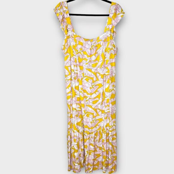 KNOX ROSE Mustard Yellow Pink Tropical Floral Sleeveless Tiered Midi Dress XXL - Picture 2 of 7